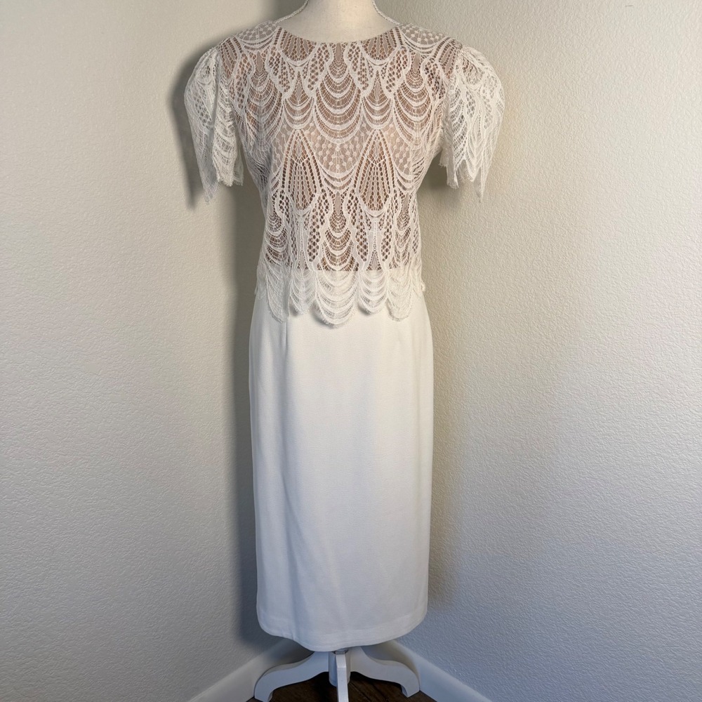 Dress The Population Sheath Dress Womens Small White Lace V-Back Bridal Cocktail